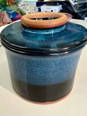 Stoneware Pottery French Butter Keeper Crock Cup Bell Blue Black Glaze Decor